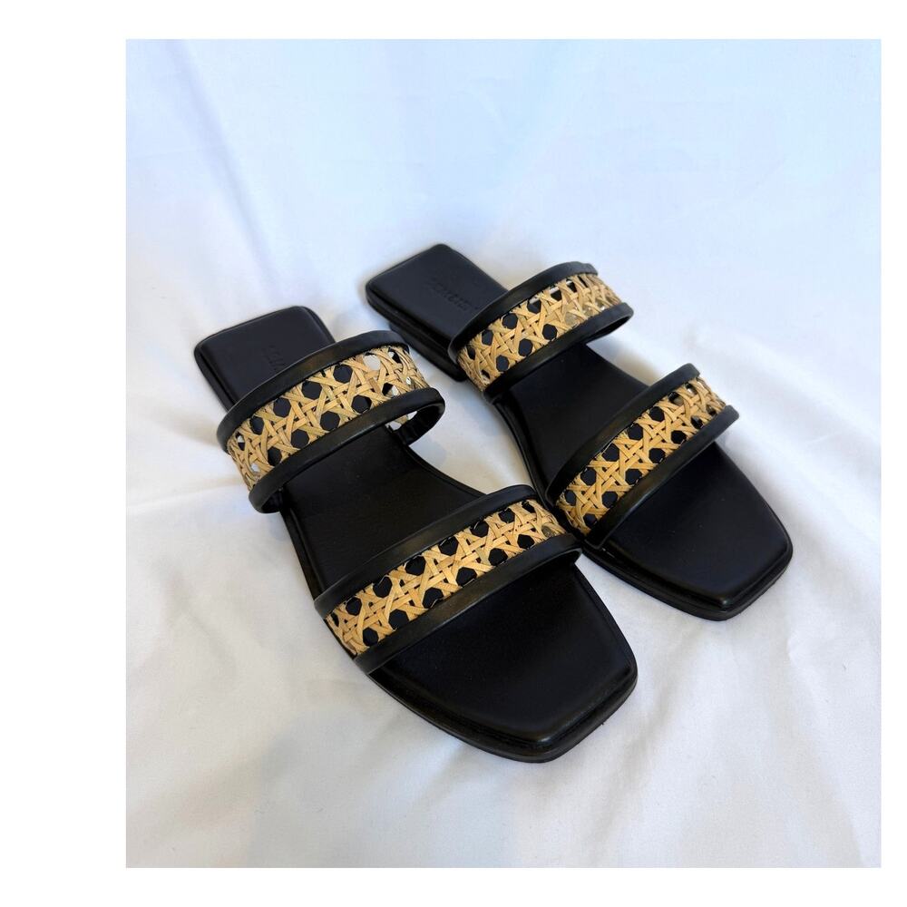 NWOT Bembien Paloma Slide Black Leather Woven Rattan Straps, 38, US 7.5 / 8
